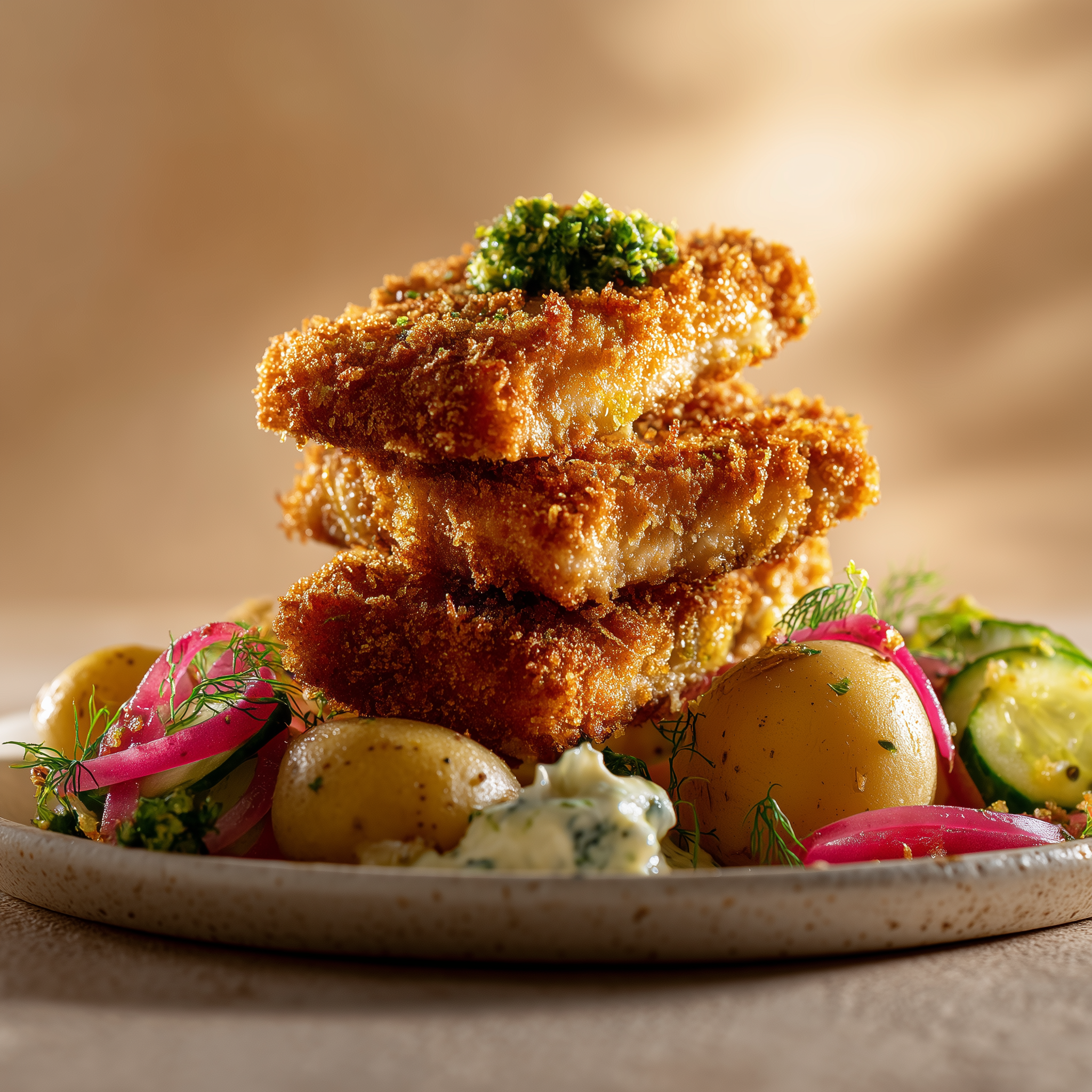 Knusprige Tempeh Schnitzel mit Kräuterquark und Gurkensalat