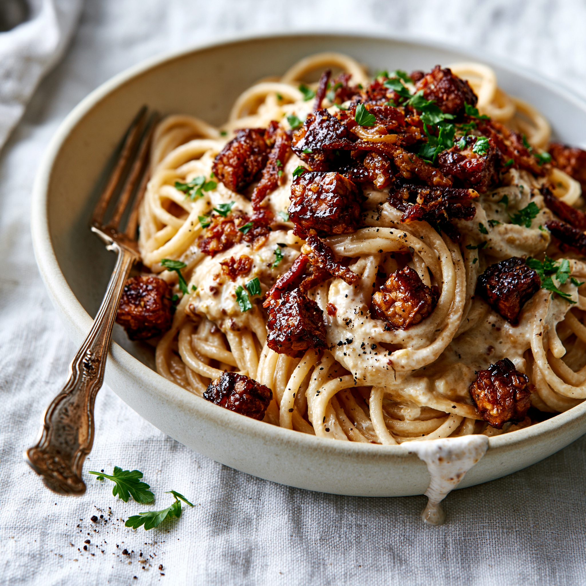Vegane Spaghetti Carbonara mit fourTaste Tempeh, cremiger Sauce und schwarzem Pfeffer auf einem Teller