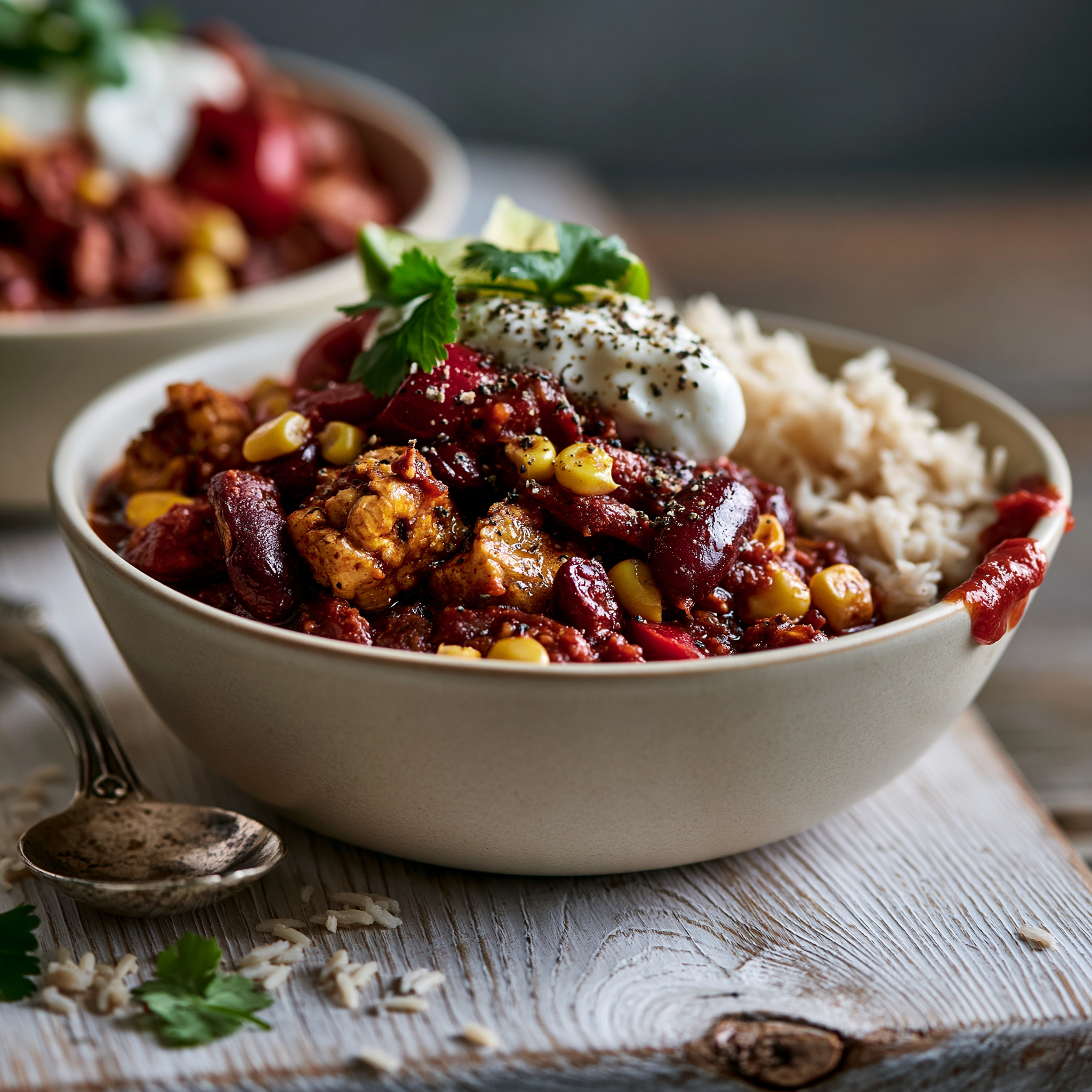 Veganes Chili sin Carne mit fourTaste Tempeh, Bohnen, Tomaten und Reis in einer Schüssel