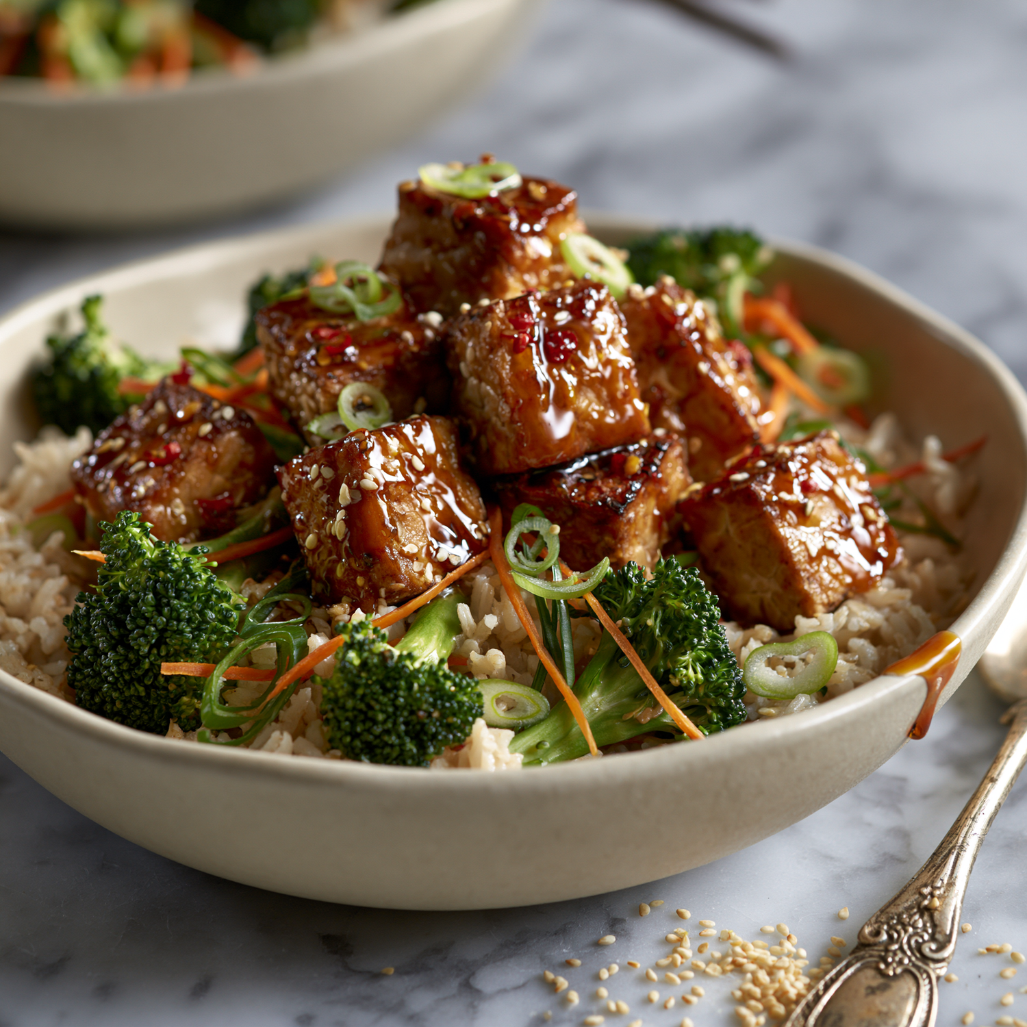 Teriyaki Tempeh mit Reis, Brokkoli und glänzender Sauce in einer Schüssel