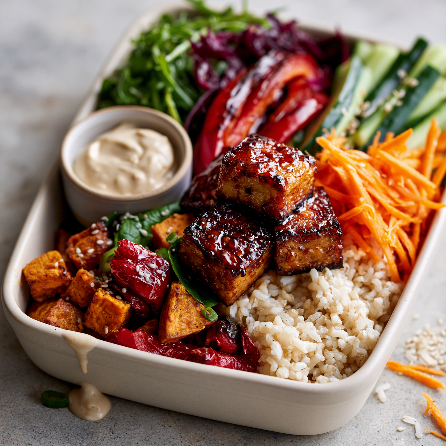 Vegane Meal Prep Bowl mit fourTaste Tempeh, Reis, Gemüse und Tamari-Miso-Dressing in einer Schüssel