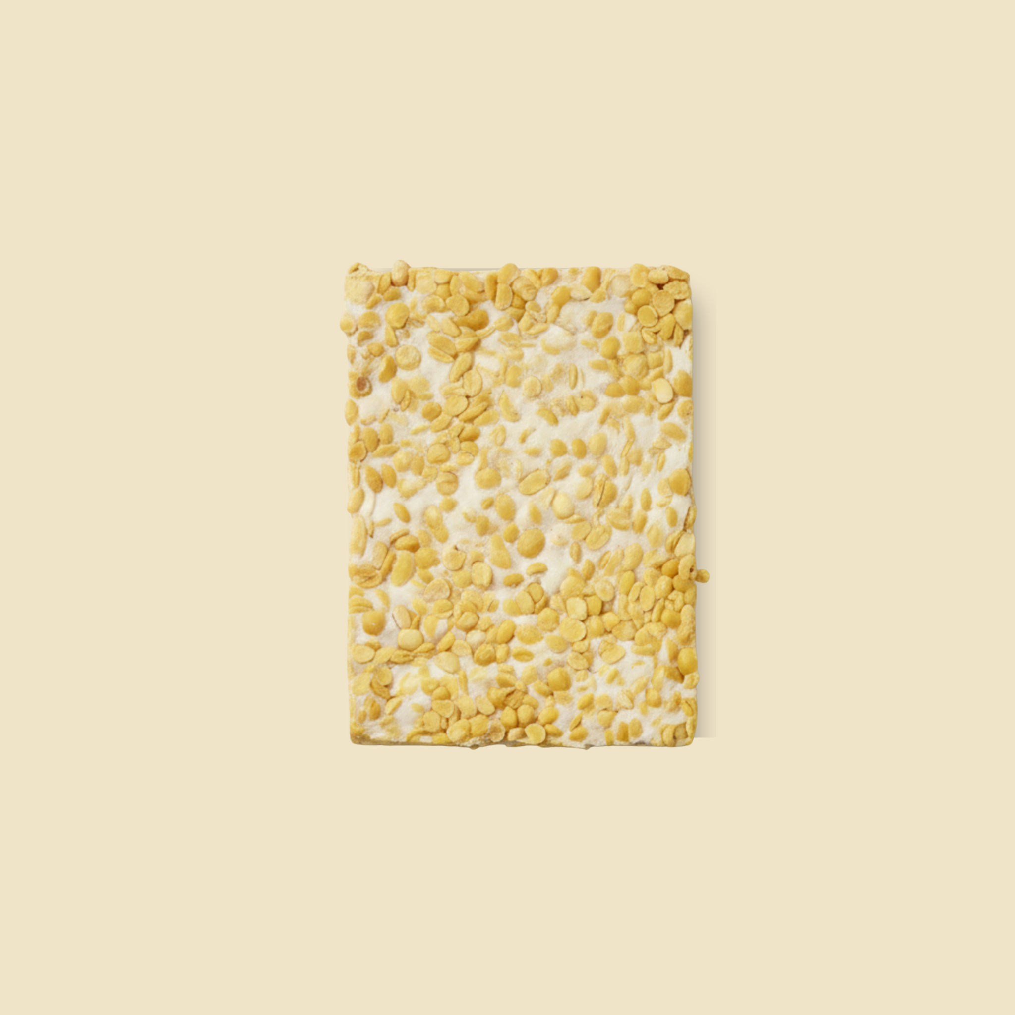 Ein ganzer Block naturbelassener Bio-Tempeh mit sichtbarer Struktur der fermentierten Hülsenfrüchte.