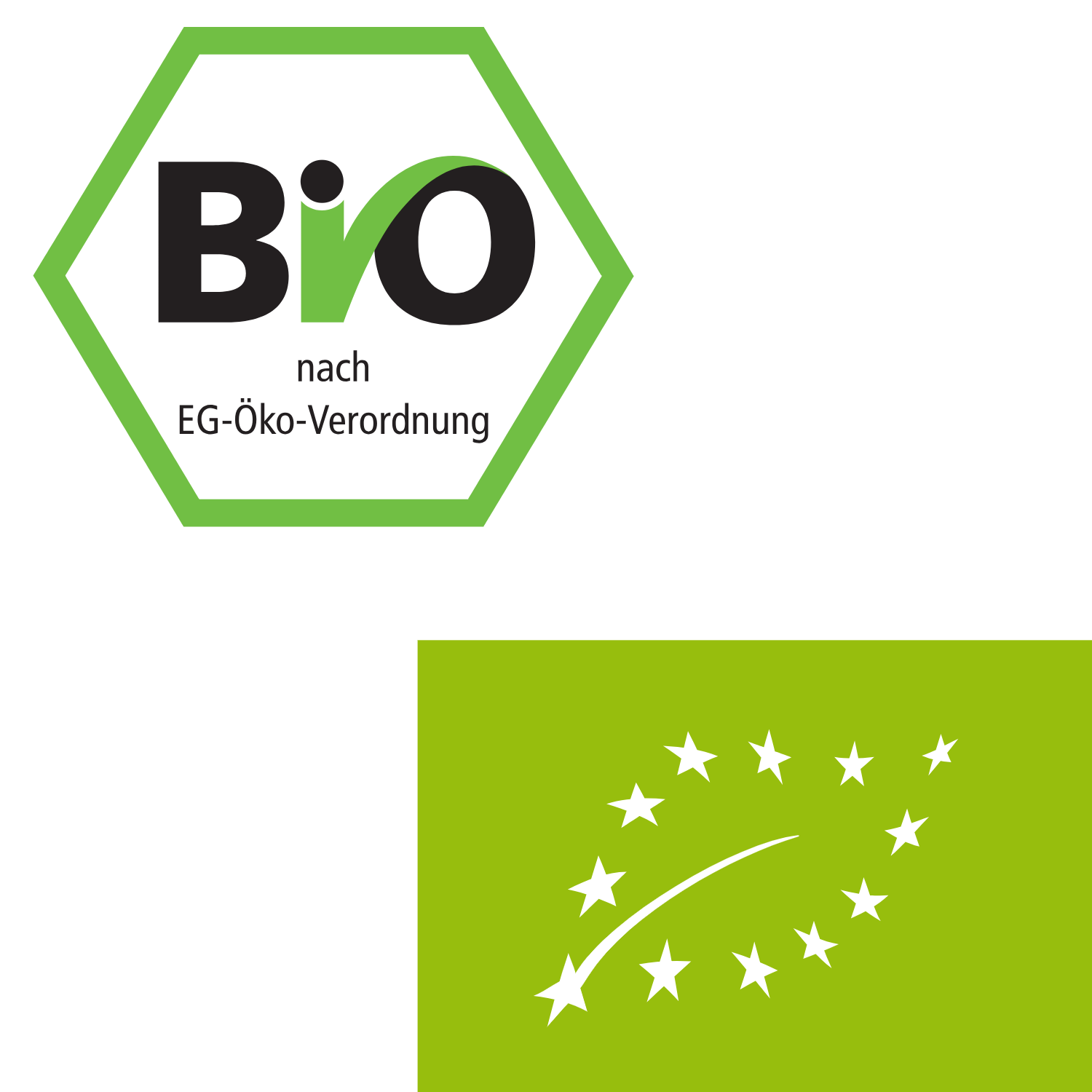 Das offizielle deutsche Bio-Siegel und das grüne EU-Bio-Logo nebeneinander.