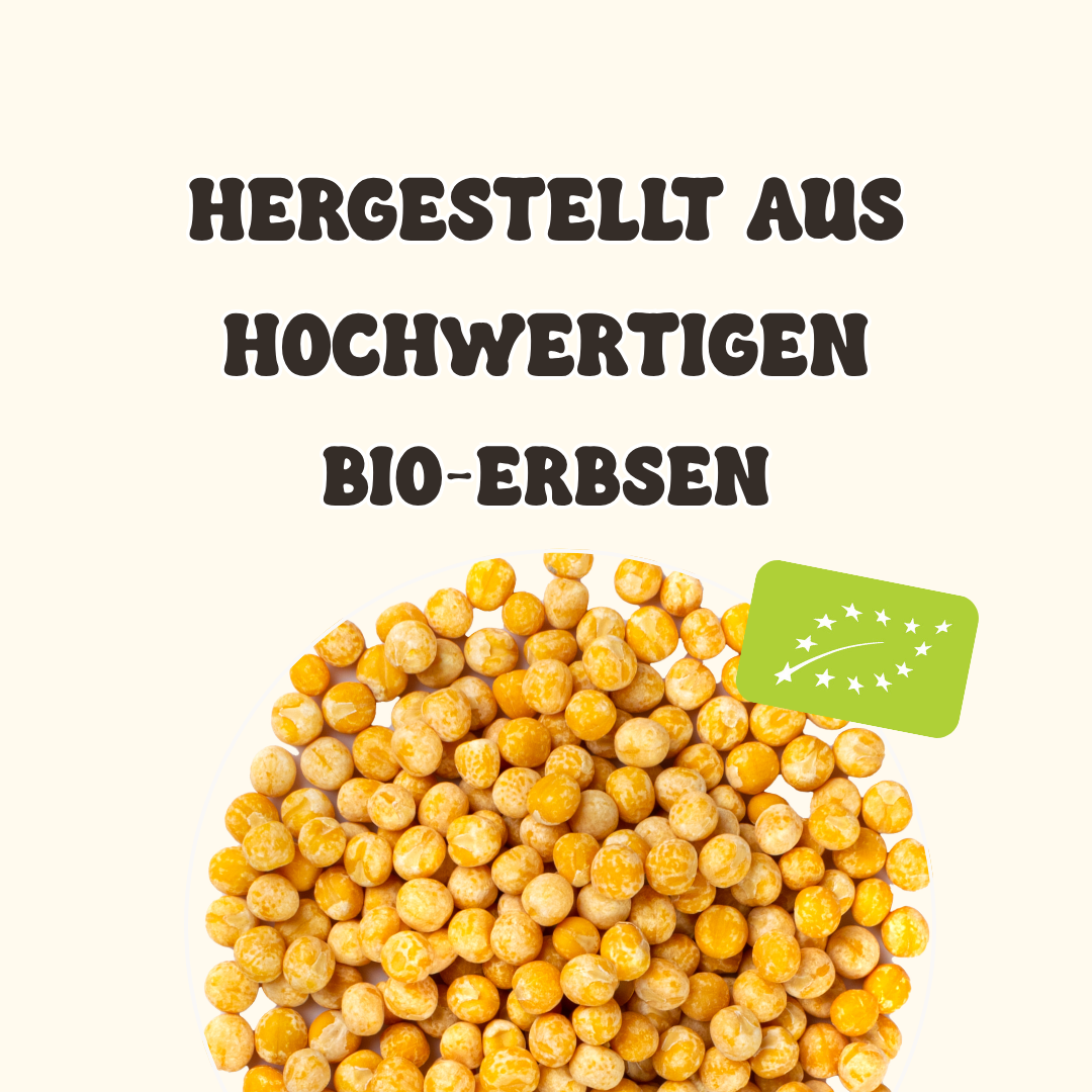 Gelbe Bio-Erbsen als Hauptzutat für fermentierten fourTaste Tempeh. Das Bild hebt die Verwendung hochwertiger Bio-Hülsenfrüchte hervor.
