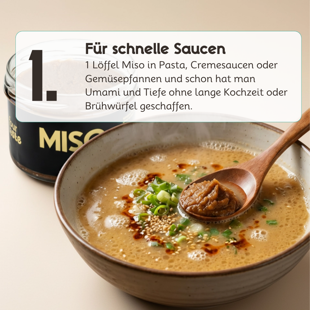 Erbsen-Miso von fourTaste wird in einer warmen Sauce verwendet. Das fermentierte Miso sorgt in Pasta, Cremesaucen und Gemüsegerichten für mehr Umami und geschmackliche Tiefe.