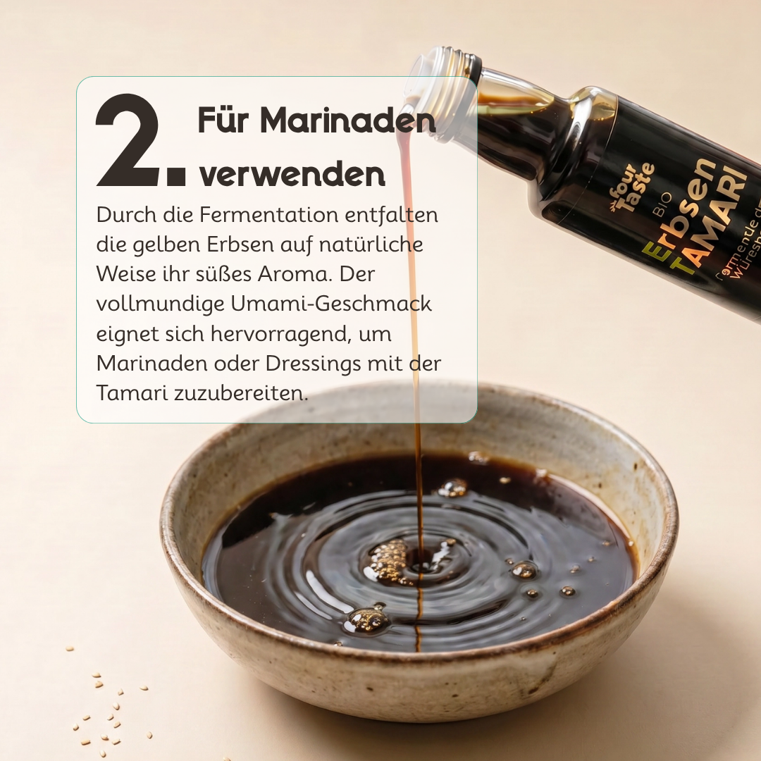 Erbsen-Tamari von fourTaste wird in eine Schale gegossen und als Basis für Marinaden und Dressings verwendet. Die fermentierte Würzsauce sorgt für intensiven Umami-Geschmack.