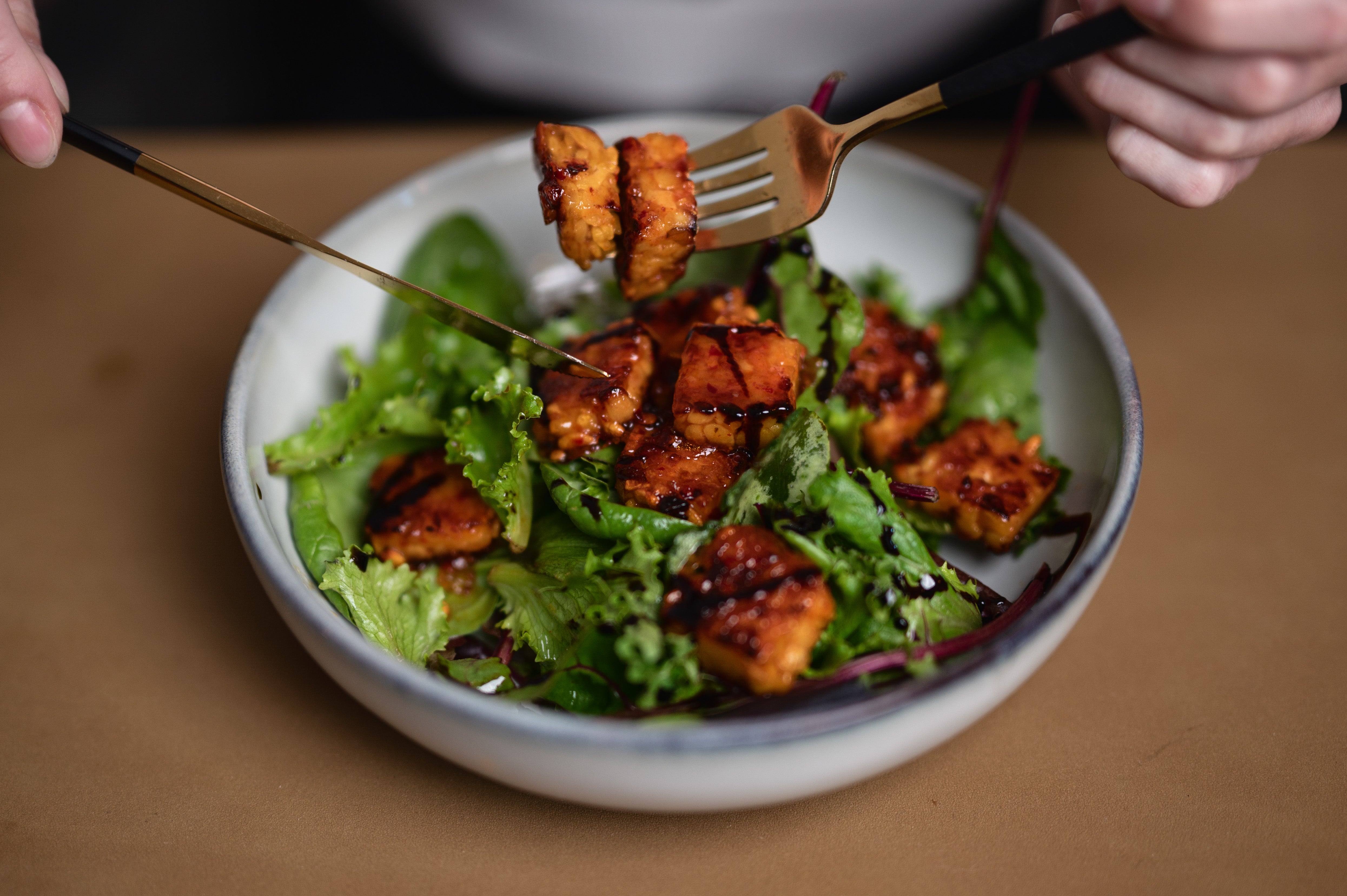 Tempeh und Salat in einer Schüssel, bereit zum Essen.