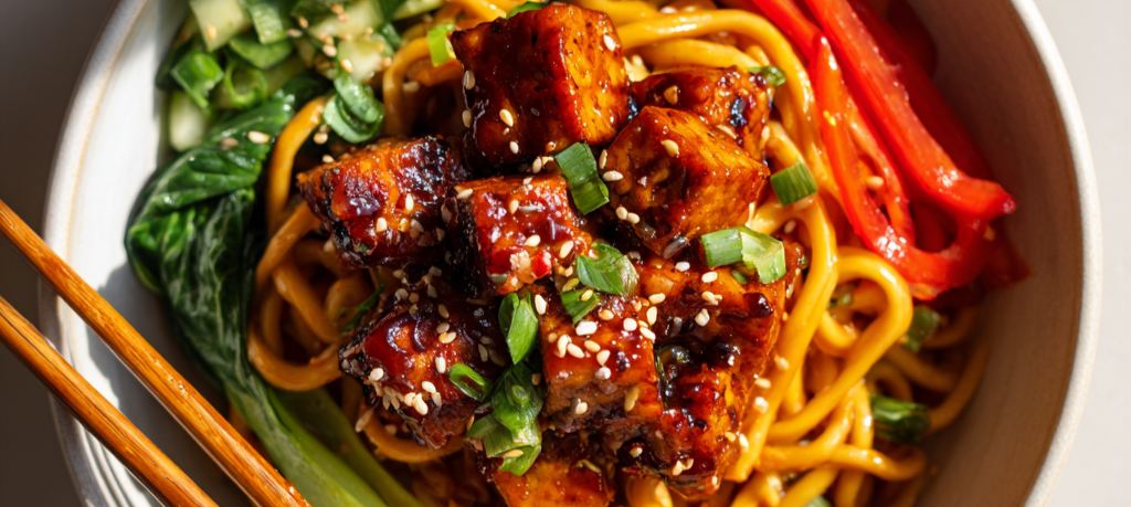 Detailansicht des Produktdesigns für marinierten Bio-Tempeh mit Fokus auf die saftige Textur und frische Zutaten.