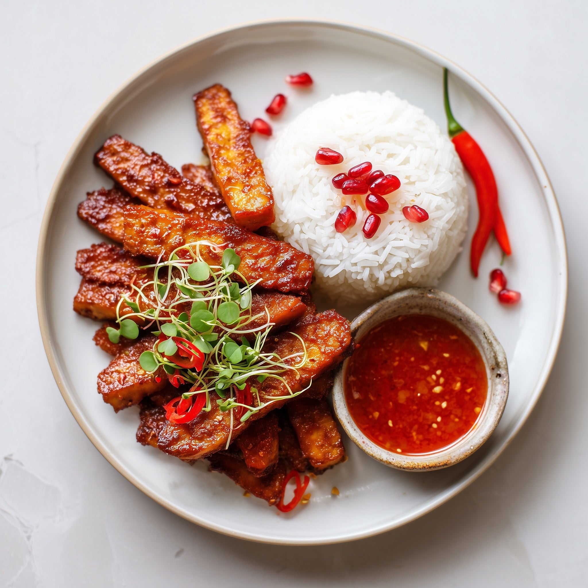 Pikant marinierte Hot Affair Tempeh-Würfel serviert mit weißem Reis, einer cremigen Dip-Sauce und frischen Kräutern.