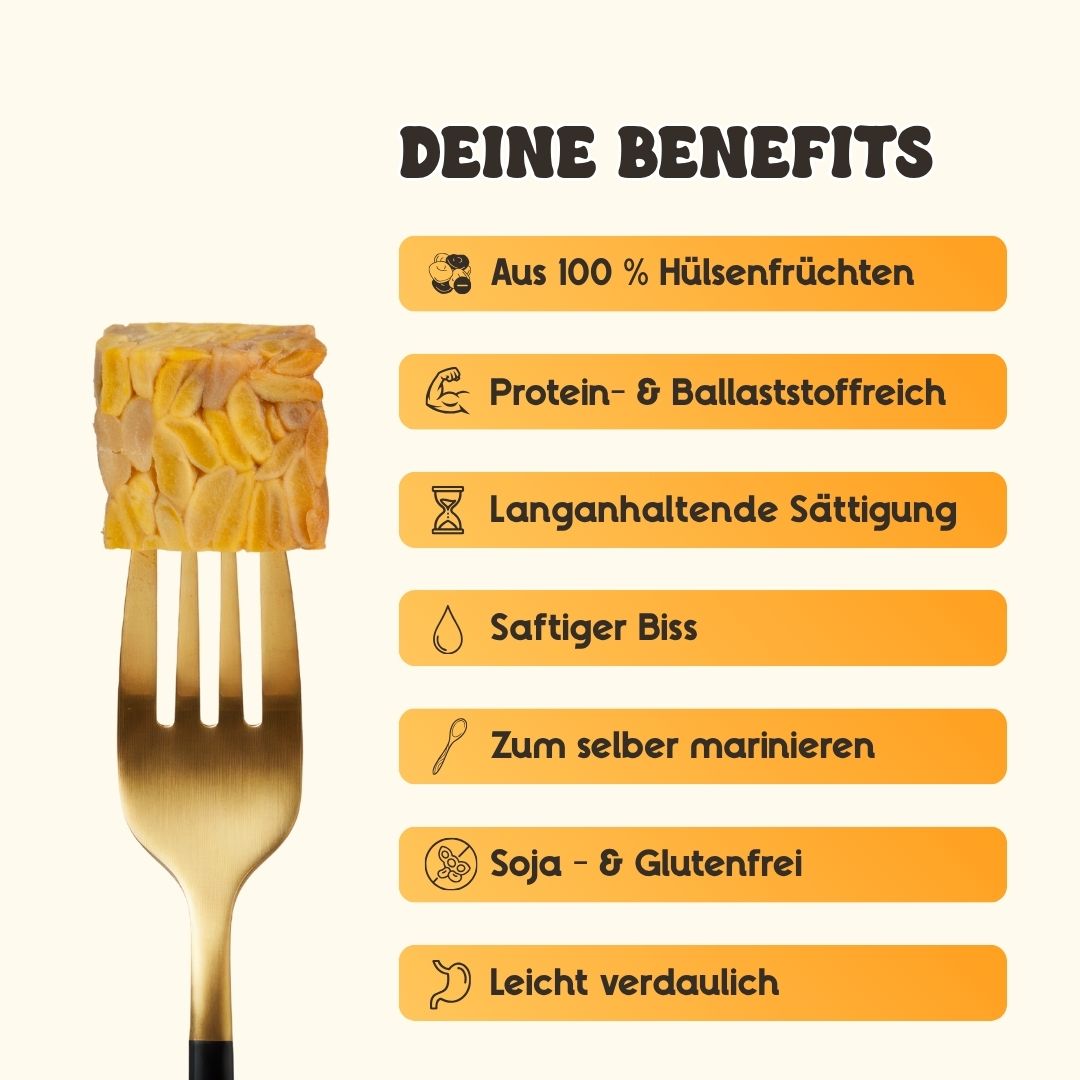 Infografik zu den Vorteilen von fourTaste Tempeh Naked Hero mit Hinweisen zu pflanzlichem Protein, Ballaststoffen, Fermentation, langer Sättigung sowie soja- und glutenfreier Rezeptur. Tempeh-Stück auf einer Gabel als Nahaufnahme.