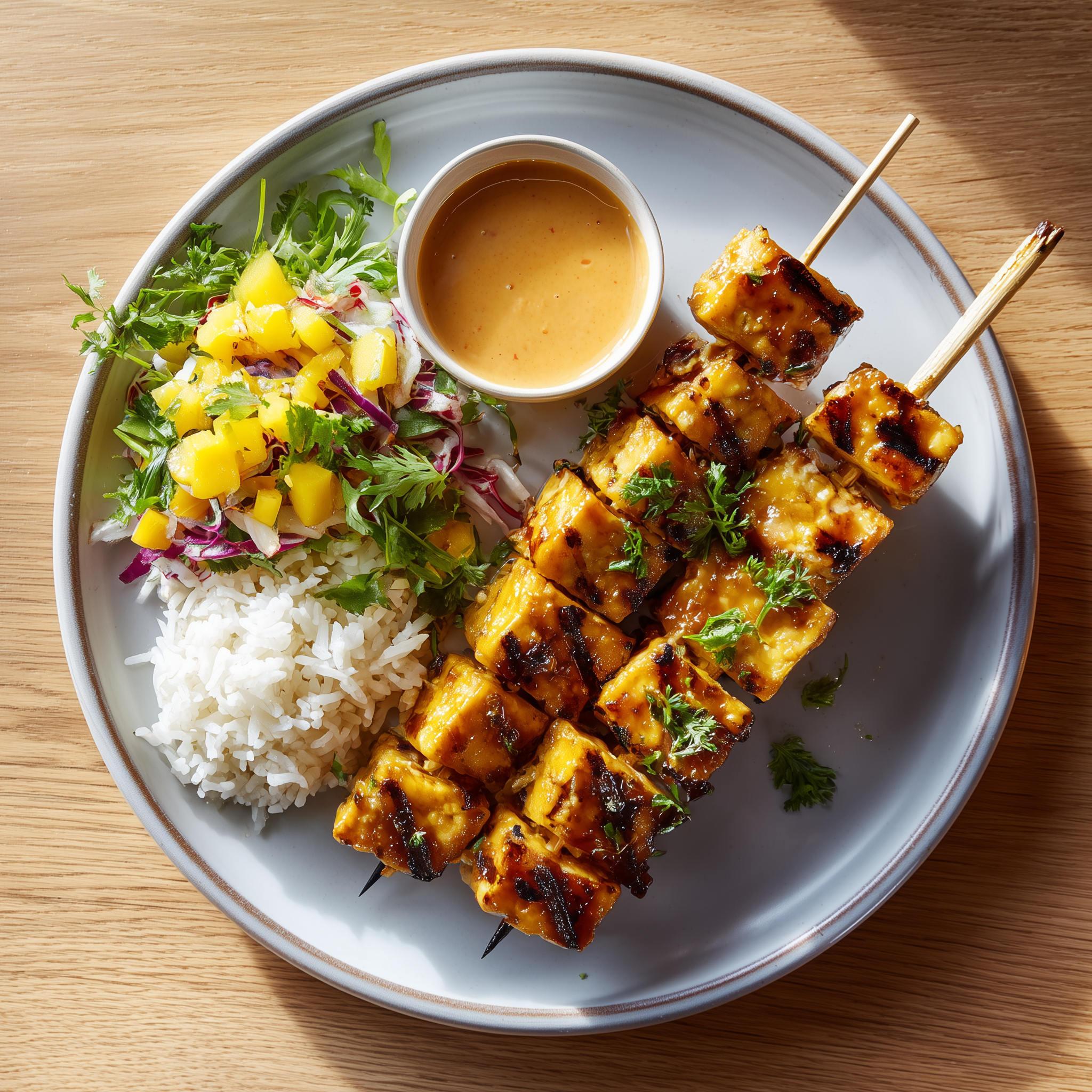 Vegane Tempeh Bowl mit Reis, knackigem Gemüse, Erdnüssen und würziger Sauce – goldbraun gebratene Tempehspieße als proteinreiche Topping-Komponente