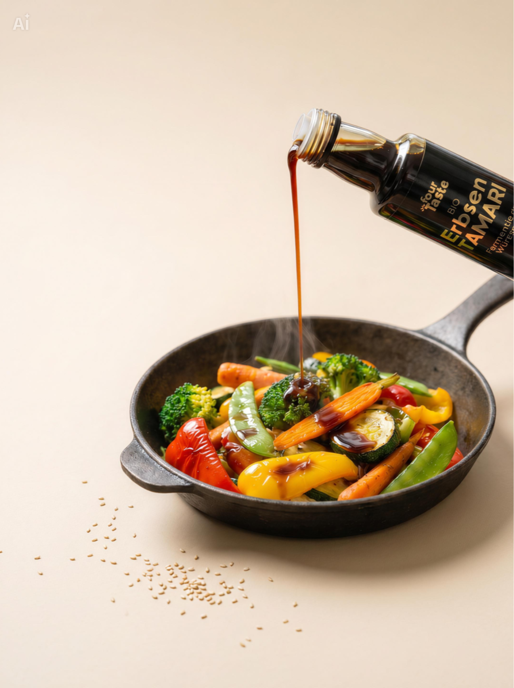 Gemüse in Pfanne und es wird von dunkler Tamari-Sauce übergossen