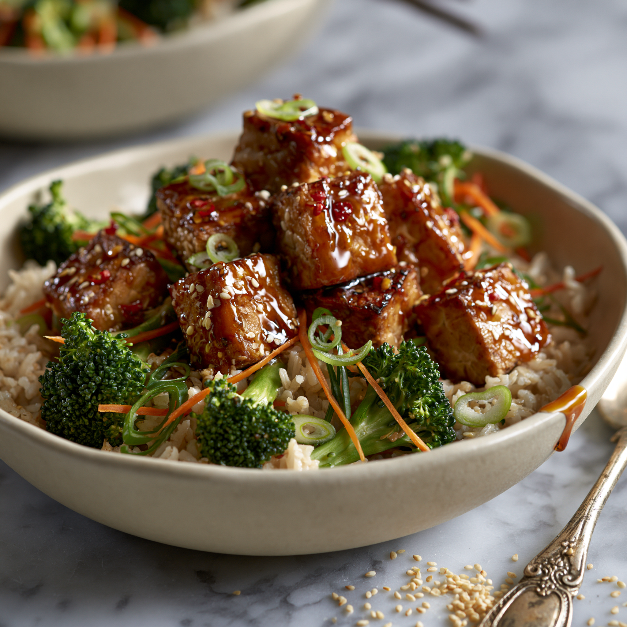 Teriyaki Tempeh mit Reis, Brokkoli und glänzender Sauce in einer Schüssel