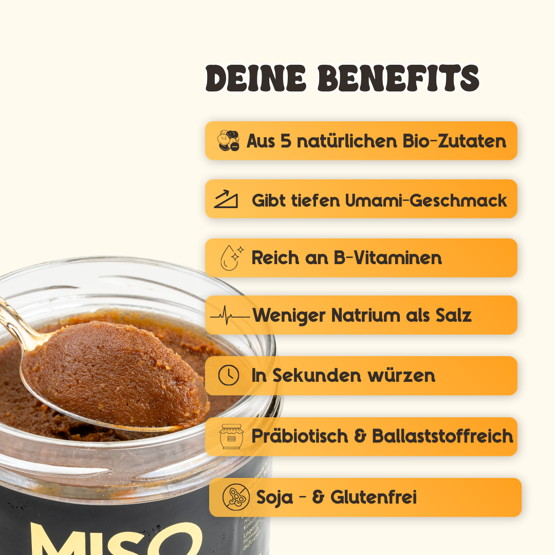 Infografik zu den Vorteilen von fourTaste Erbsen-Miso mit Hinweisen zu Umami-Geschmack, natürlichen Bio-Zutaten, B-Vitaminen sowie soja- und glutenfreier Rezeptur. Unten ist ein Glas fermentiertes Miso mit einem Löffel zu sehen.