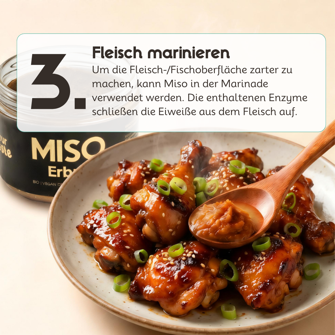 Erbsen-Miso von fourTaste wird als Basis für eine würzige Marinade verwendet. Das fermentierte Miso verleiht Fleisch, Fisch, Tempeh oder Tofu mehr Umami und eine aromatische Glasur.