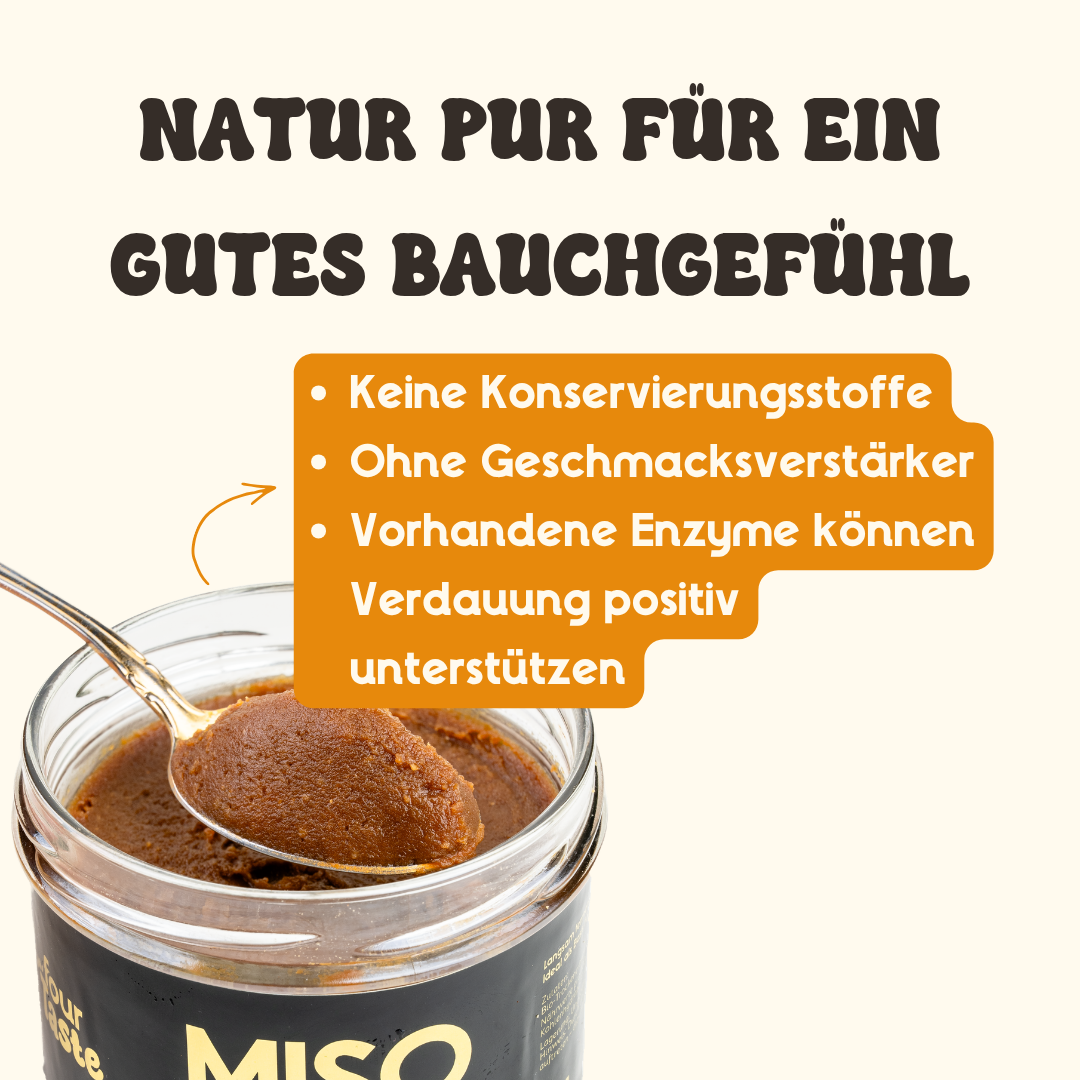 Löffel mit fermentiertem Erbsen-Miso von fourTaste in einem geöffneten Glas. Die Grafik hebt natürliche Zutaten, den Verzicht auf Konservierungsstoffe sowie traditionelle Fermentation hervor.