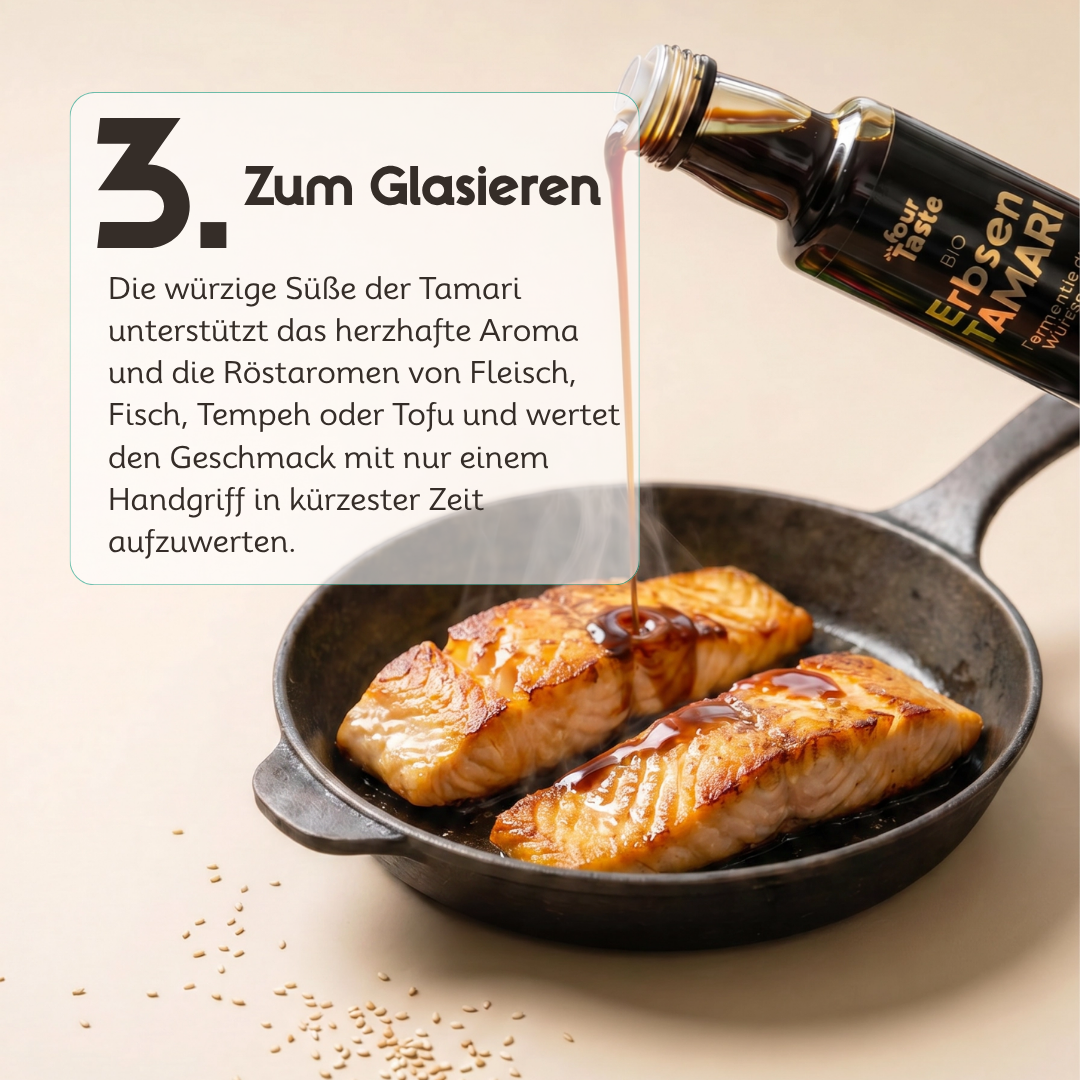 Erbsen-Tamari von fourTaste wird zum Glasieren von gebratenem Lachs in einer Pfanne verwendet. Die fermentierte Würzsauce unterstützt Röstaromen und sorgt für eine glänzende Umami-Glasur.