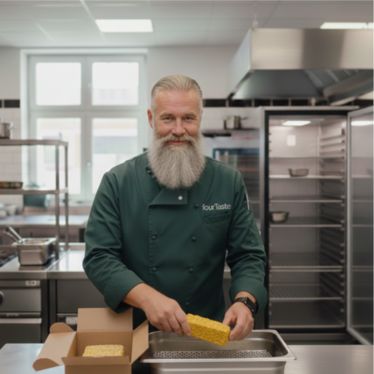 Koch in Küche bereitet Tempeh zu, FourTaste-Logo sichtbar