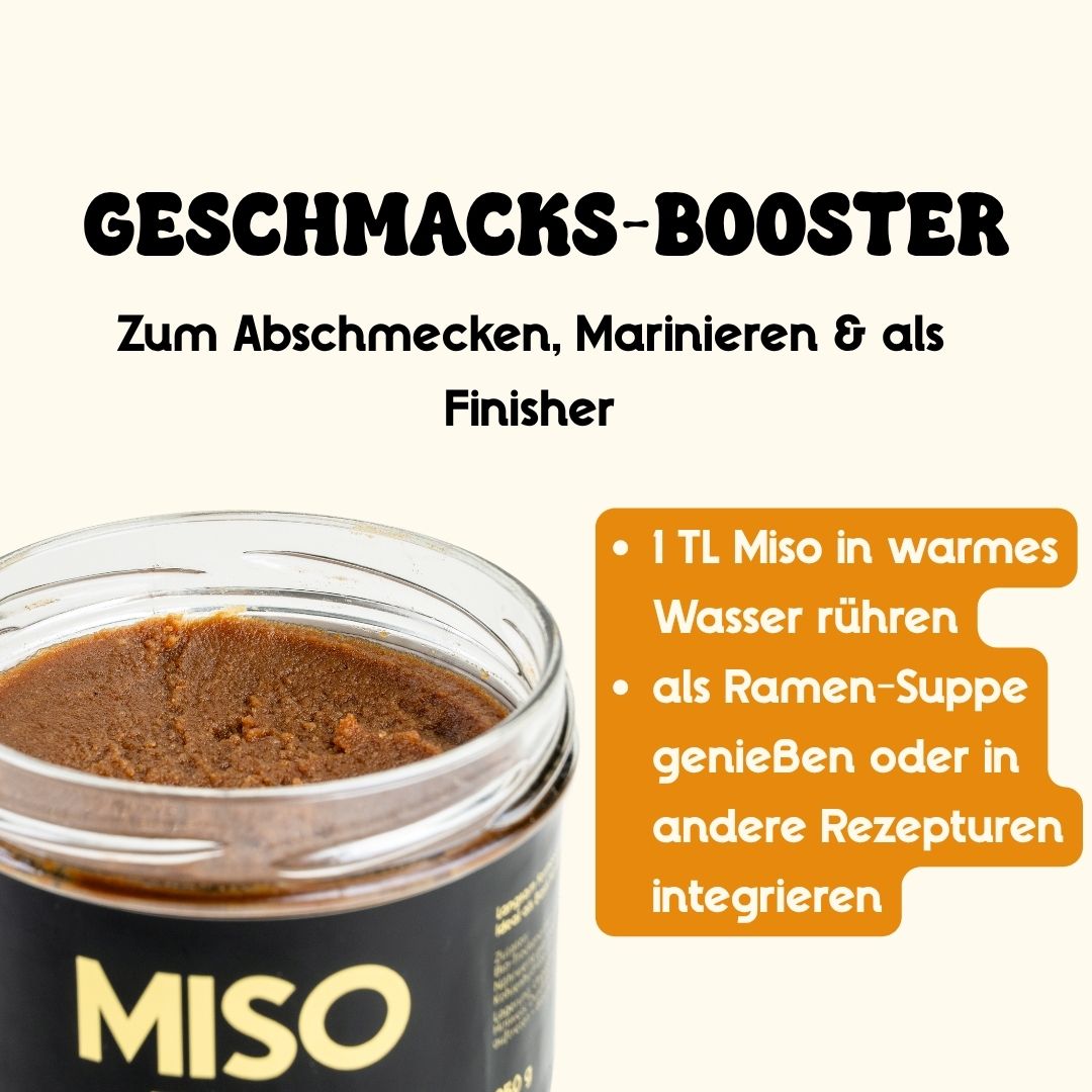 Braune Miso-Paste in einem offenen Glas; Infografik-Elemente betonen die Anwendung und die Eignung zum Abschmecken und Marinieren.