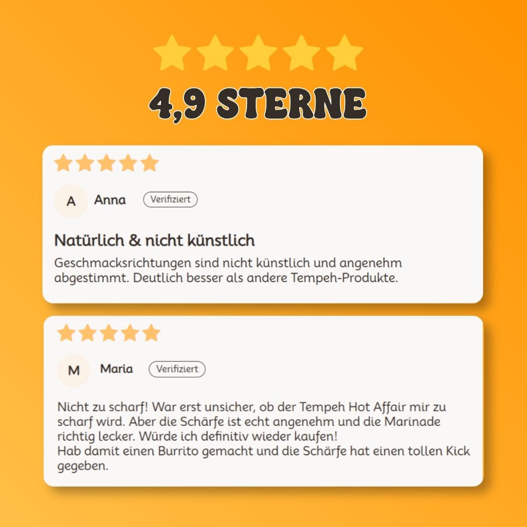 Kundenbewertungen für fourTaste Tempeh mit einer Gesamtbewertung von 4,9 Sternen. Nutzer loben den natürlichen Geschmack, die Marinade und die saftige Konsistenz des fermentierten Tempehs.