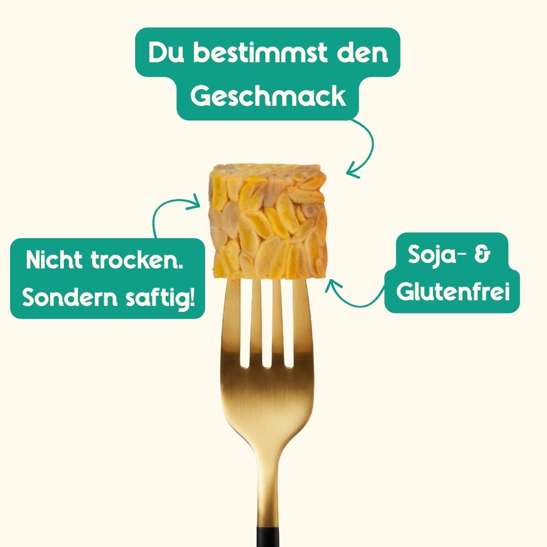 Ein goldbraun angebratenes Stück Tempeh auf einer goldenen Gabel; Text-Hinweise betonen: fermentiert, aus Hülsenfrüchten, sojafrei, glutenfrei, laktosefrei und nicht trocken sondern saftig.