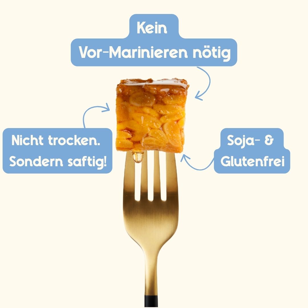 Ein mariniertes Stück Tempeh auf einer goldenen Gabel vor hellem Hintergrund; Text-Hinweise markieren es als mariniert, nicht trocken sondern saftig, soja- und glutenfrei sowie aus Hülsenfrüchten hergestellt.