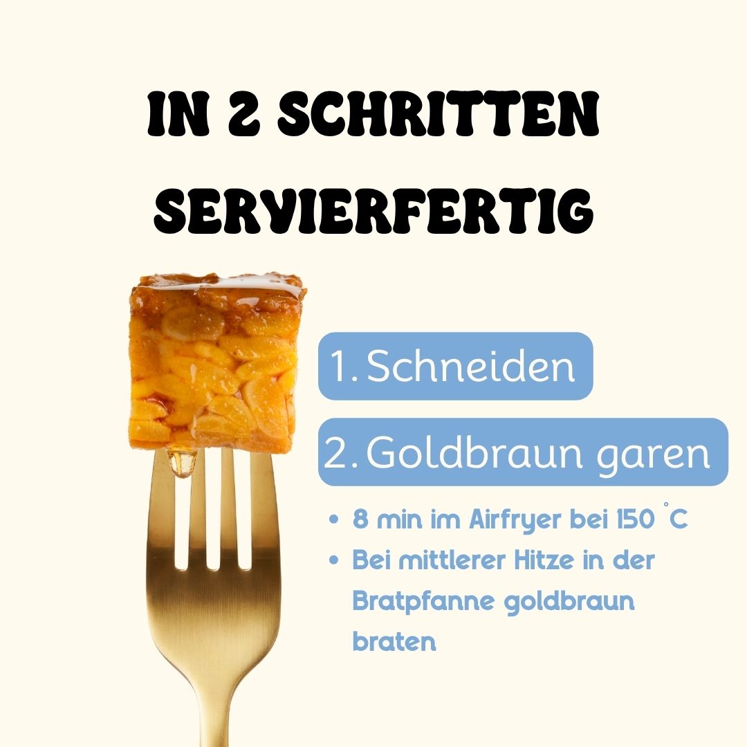 Ein Würfel Tempeh auf einer Gabel daneben die Zubereitung in 3 Schritten erklärt und Hinweise auf Zubereitung im Airfryer und in der Pfanne.