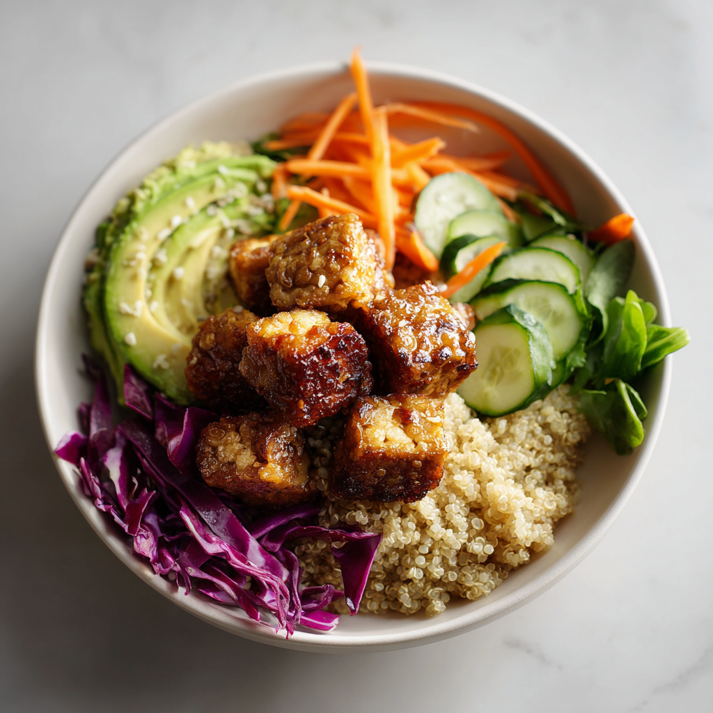 Leckere Tempeh-Bowl mit Quinoa, Avocado, Rotkohl, Gurken und Karotten