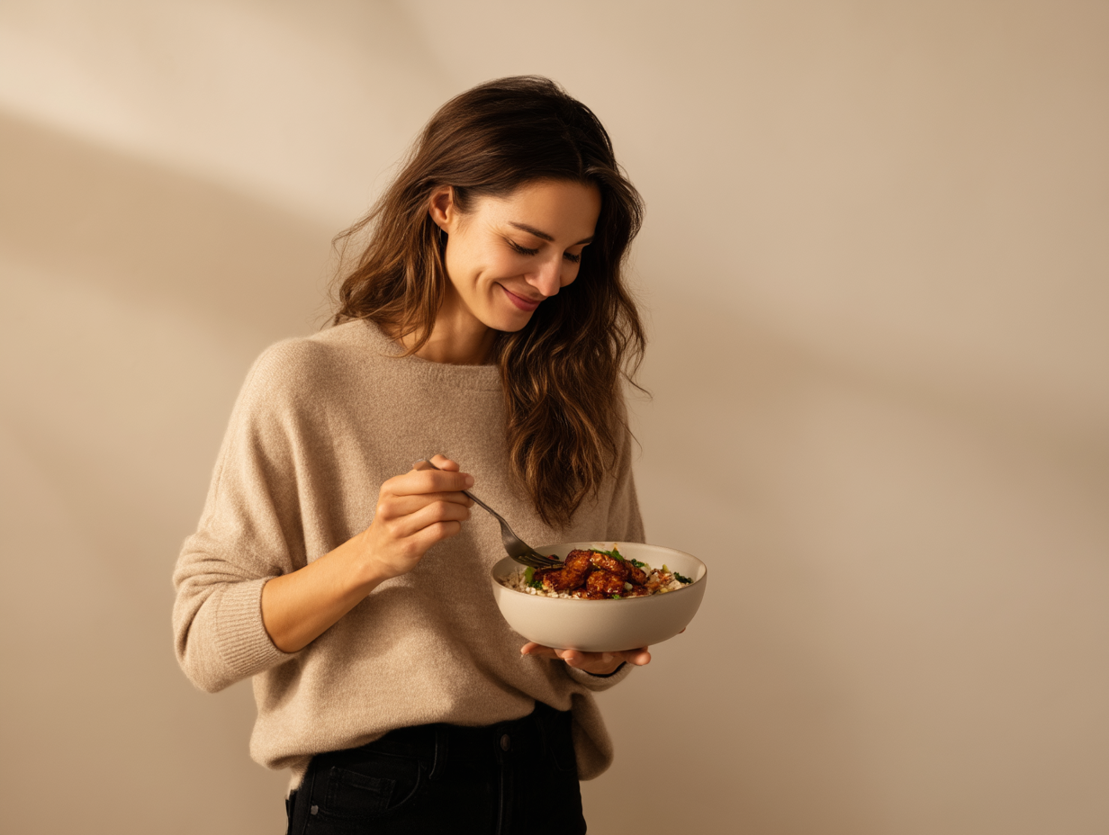 Lächelnde Frau isst Bowl mit Tempeh und Gemüse