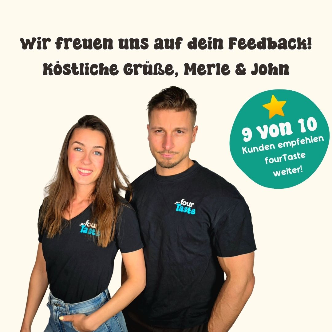 Portrait der fourTaste Gründer Merle Scheer und John Wreth mit Hinweis auf hohe Kundenzufriedenheit und Weiterempfehlungsrate. Das Bild vermittelt Vertrauen und Persönlichkeit hinter der Tempeh-Marke fourTaste.